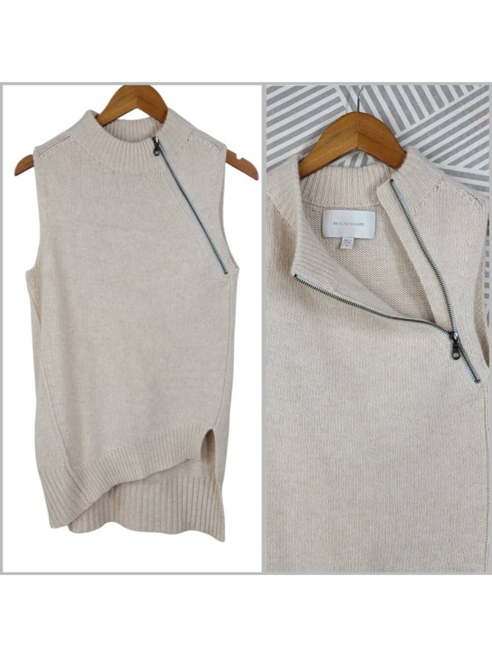 Brochu Walker 100% Cashmere Sleeveless Turtleneck Sweater Small Assymetric Zip